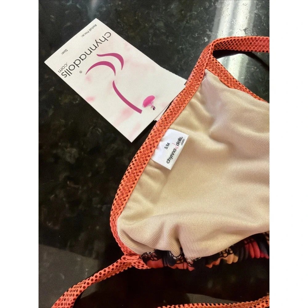 Chynna Dolls Bikini Swimwear Dancer Sz S/M Orange Animal Print Scrunch Butt NWT